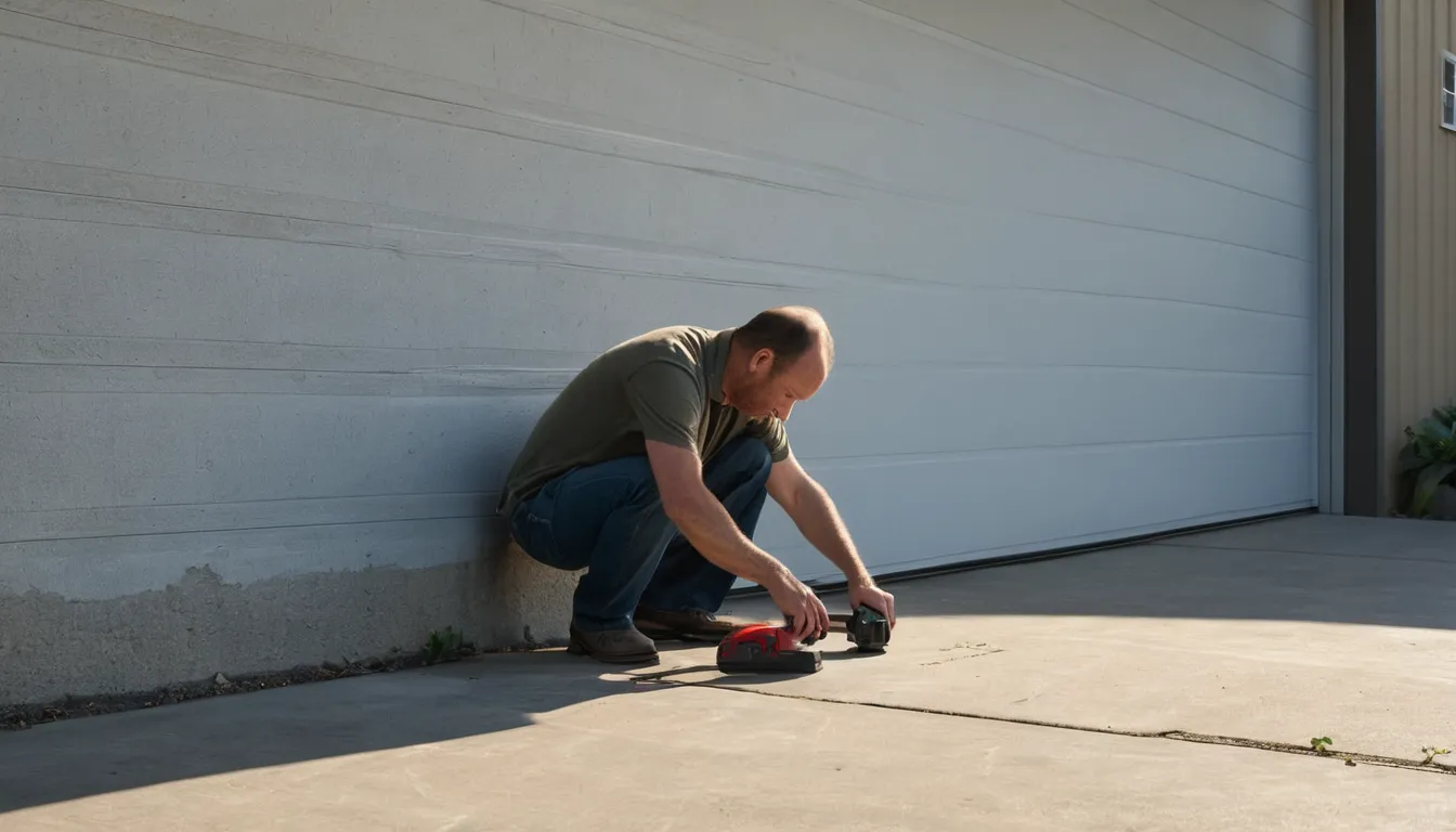Homeowner checking a concrete garage floor for cracks