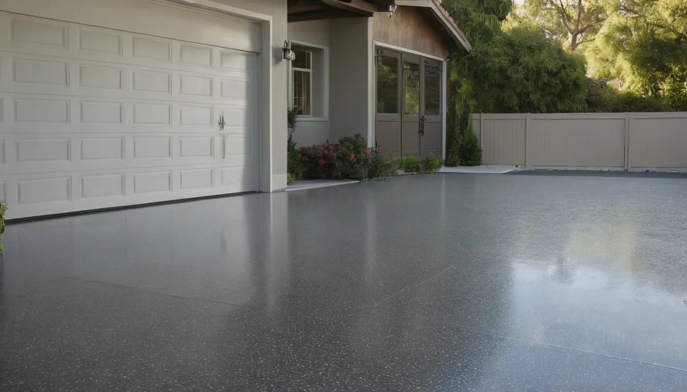 Freshly coated polyaspartic garage floor with gray and white flakes in a Antioch home